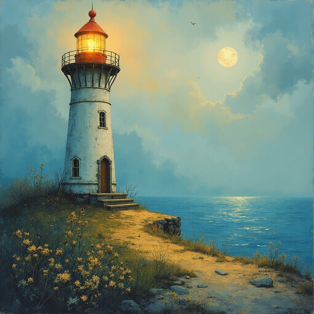 Lonely Lighthouse Line Art with Goldleaf Accents