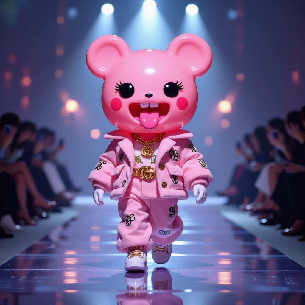 Labubu Toy on Runway in High-Fashion Outfit