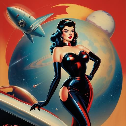 Retro-Futuristic Pin-Up Girl on Rocket Ship