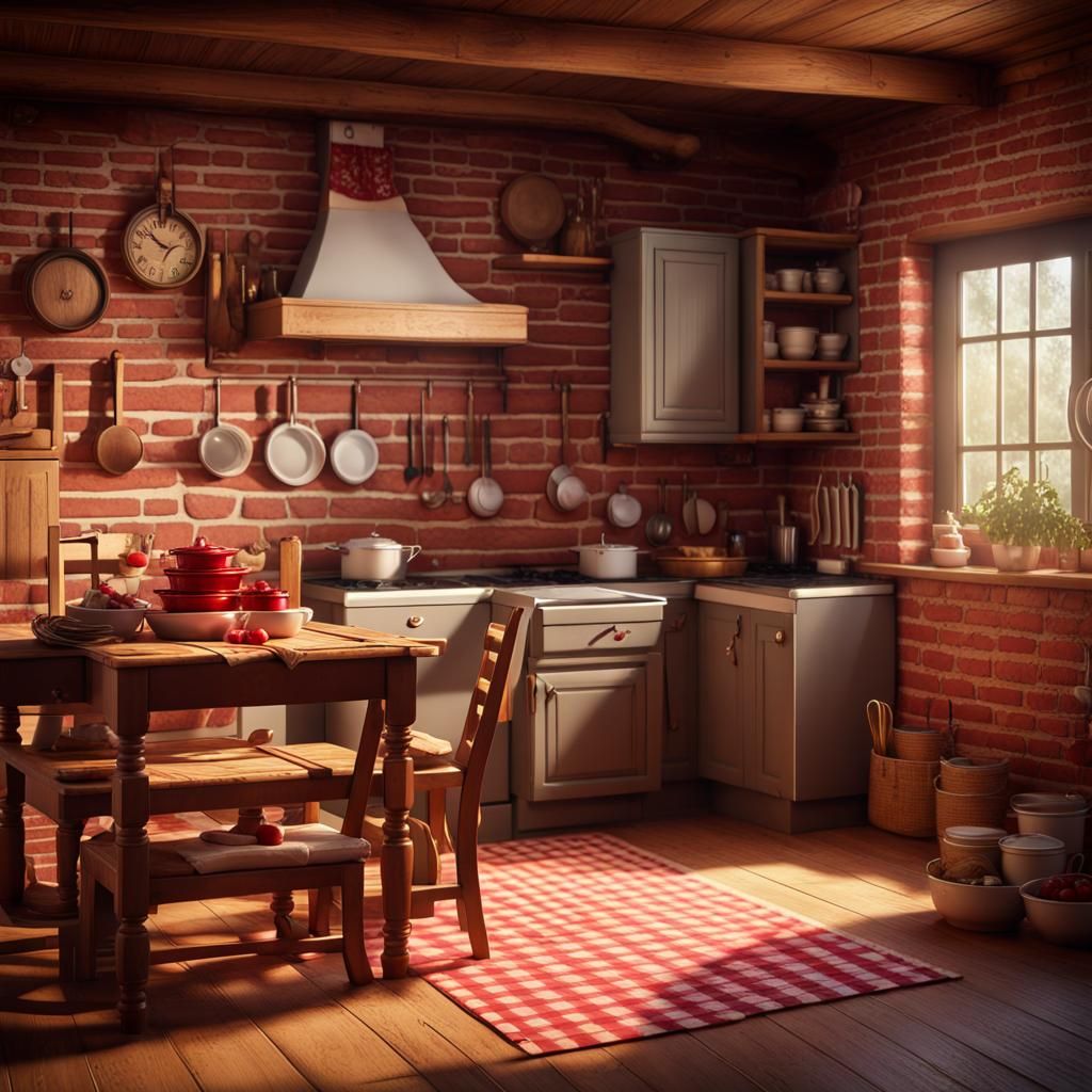 Cozy Kitchen with Red Brick Walls in Detailed Matte Painting