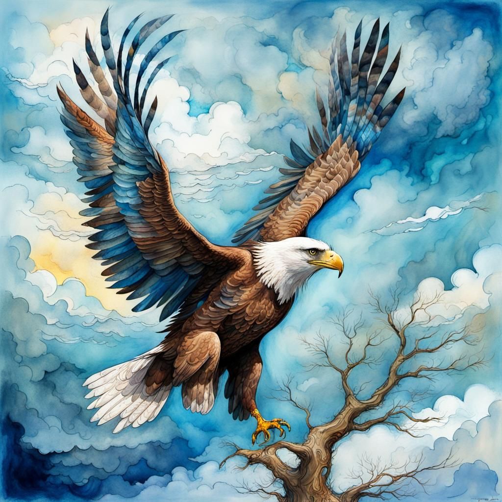 Soaring Eagle in Vivid Blue Sky, Watercolor Art