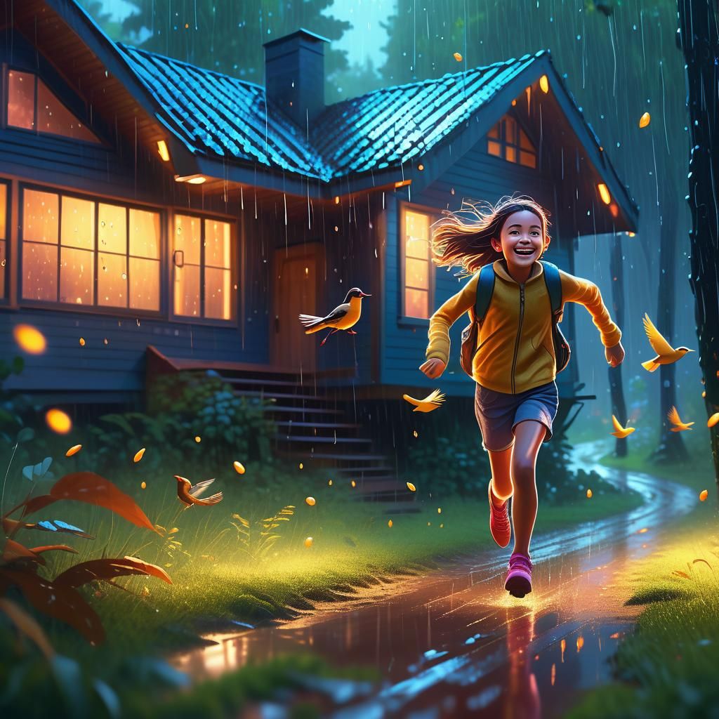 Girl Runs Toward Birds in Forest: Digital Painting