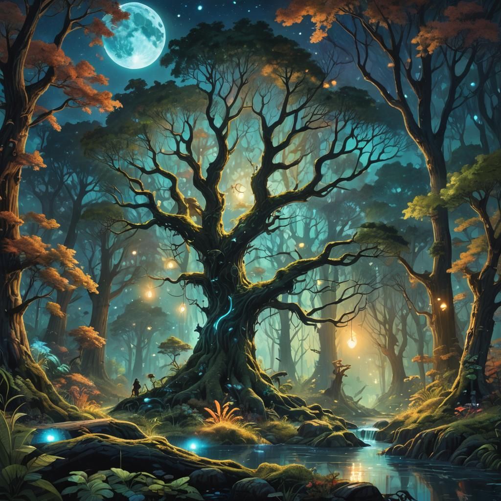 Bioluminescent Forest with Mythical Creatures: Hyperrealisti...