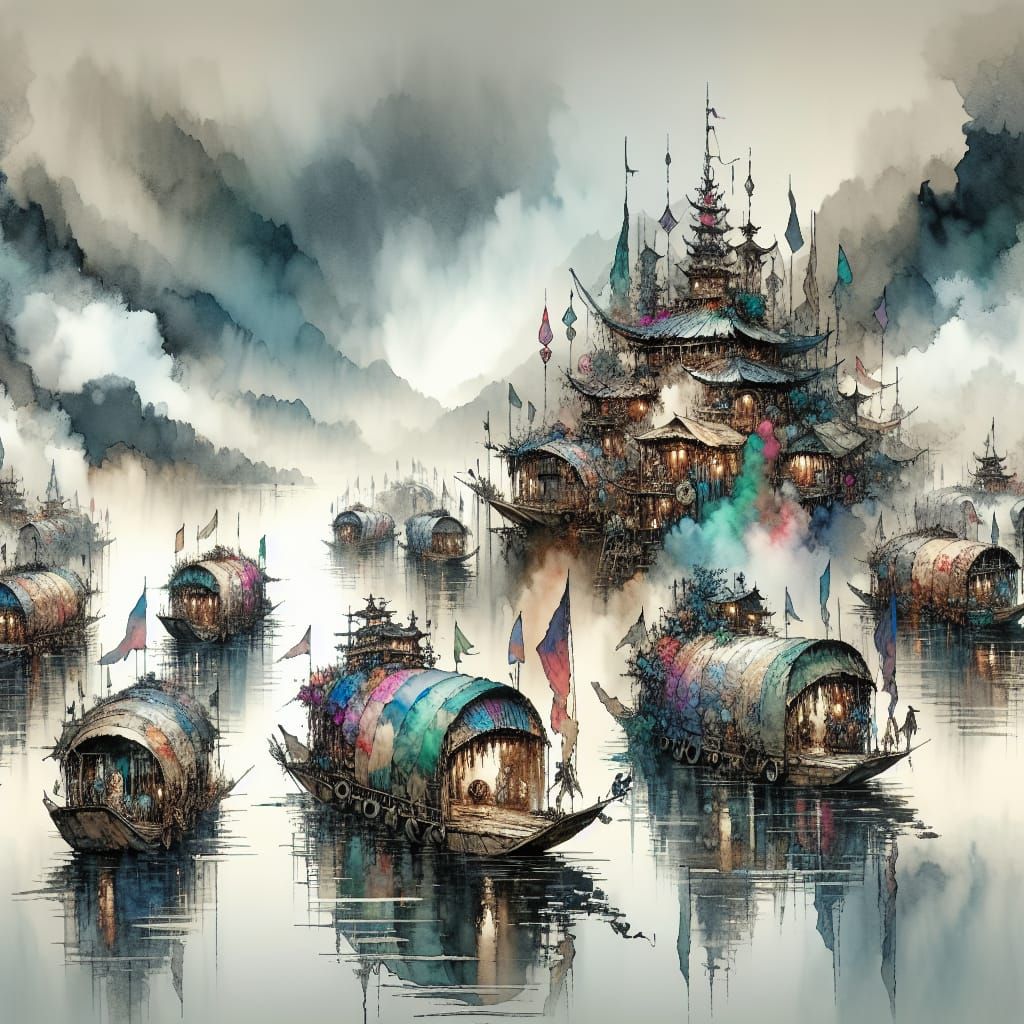 Floating Bohemian Village on Misty Lake