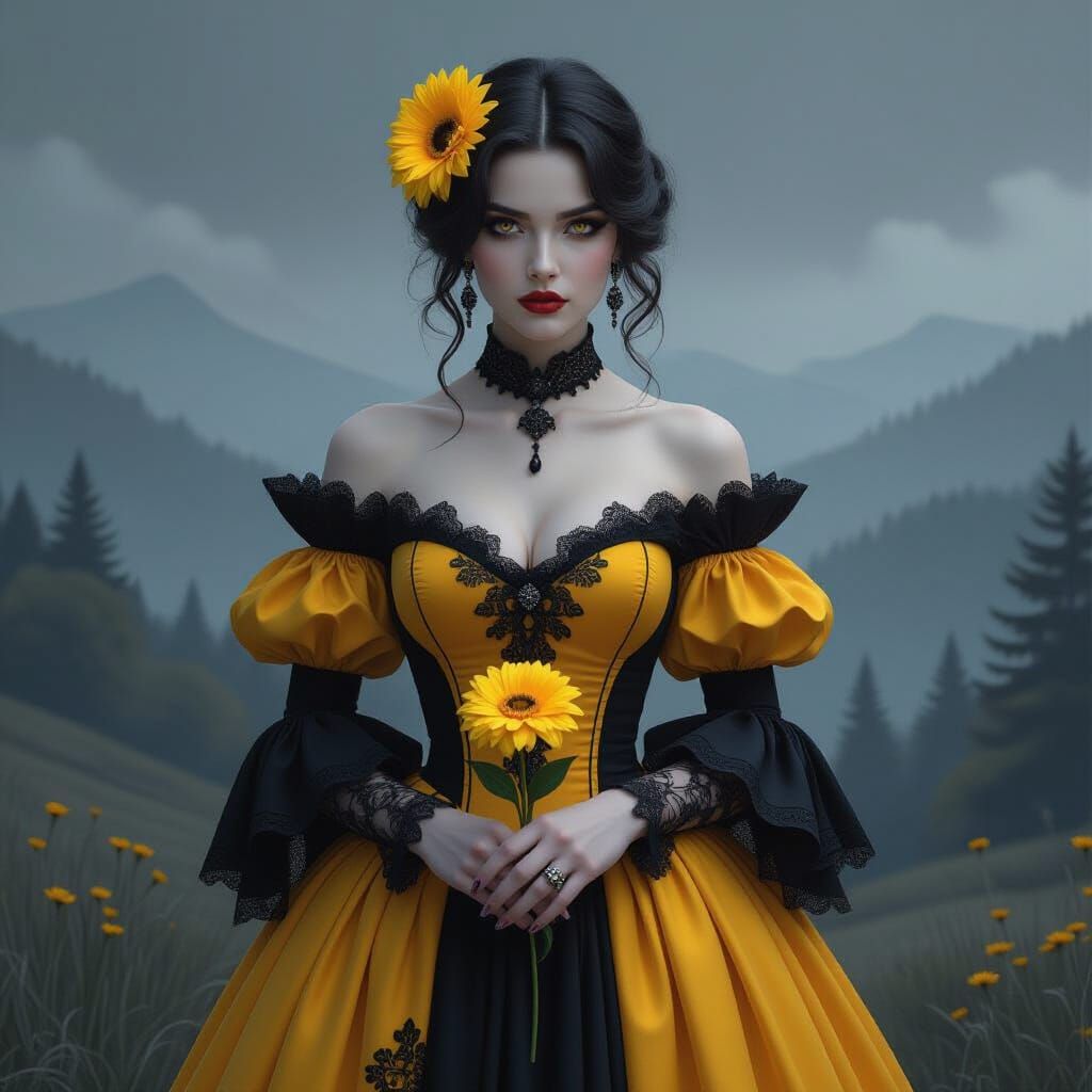 hyper-realism, portrait of a goth lady in a yellow and black...