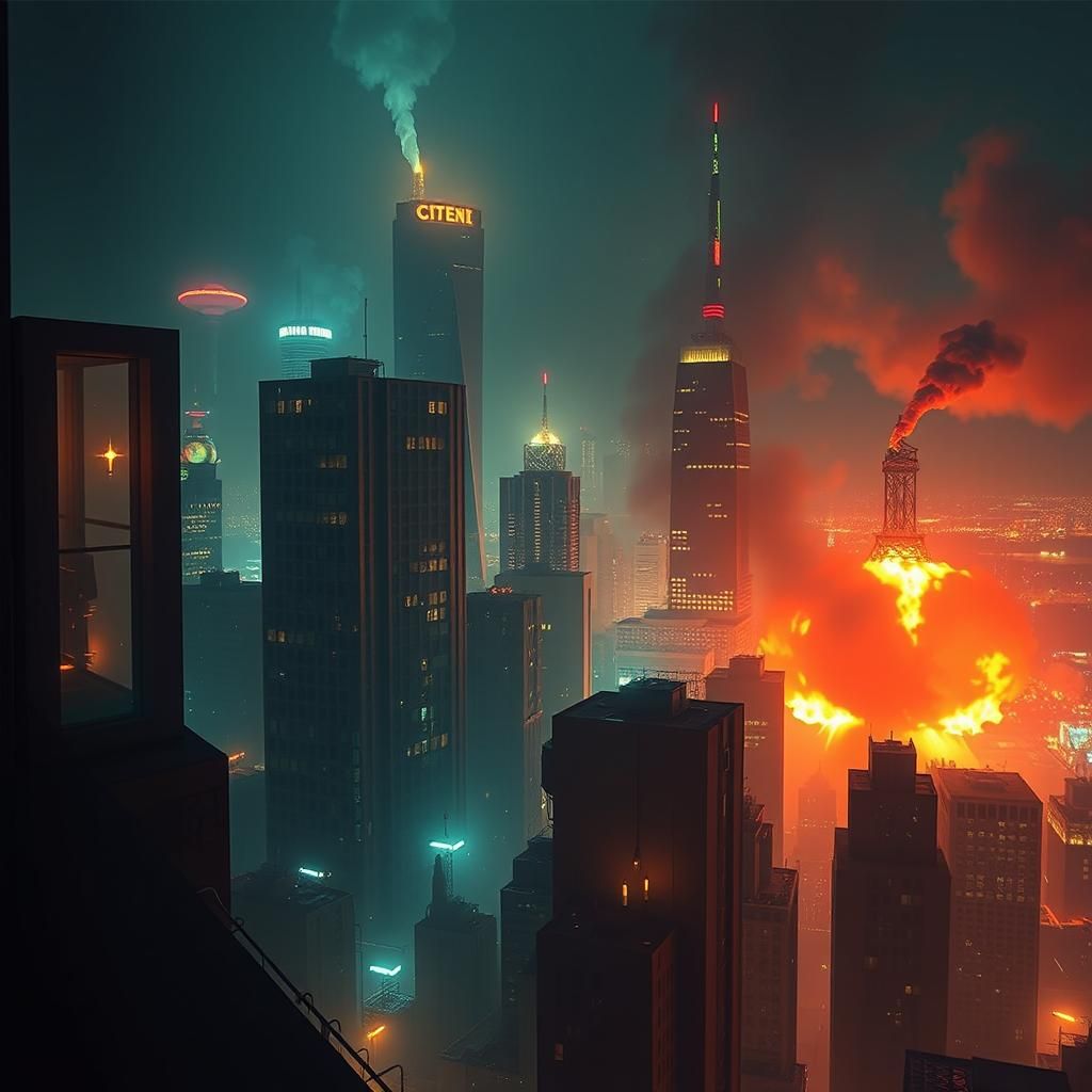 Burning Penthouse View: Detailed Matte Painting