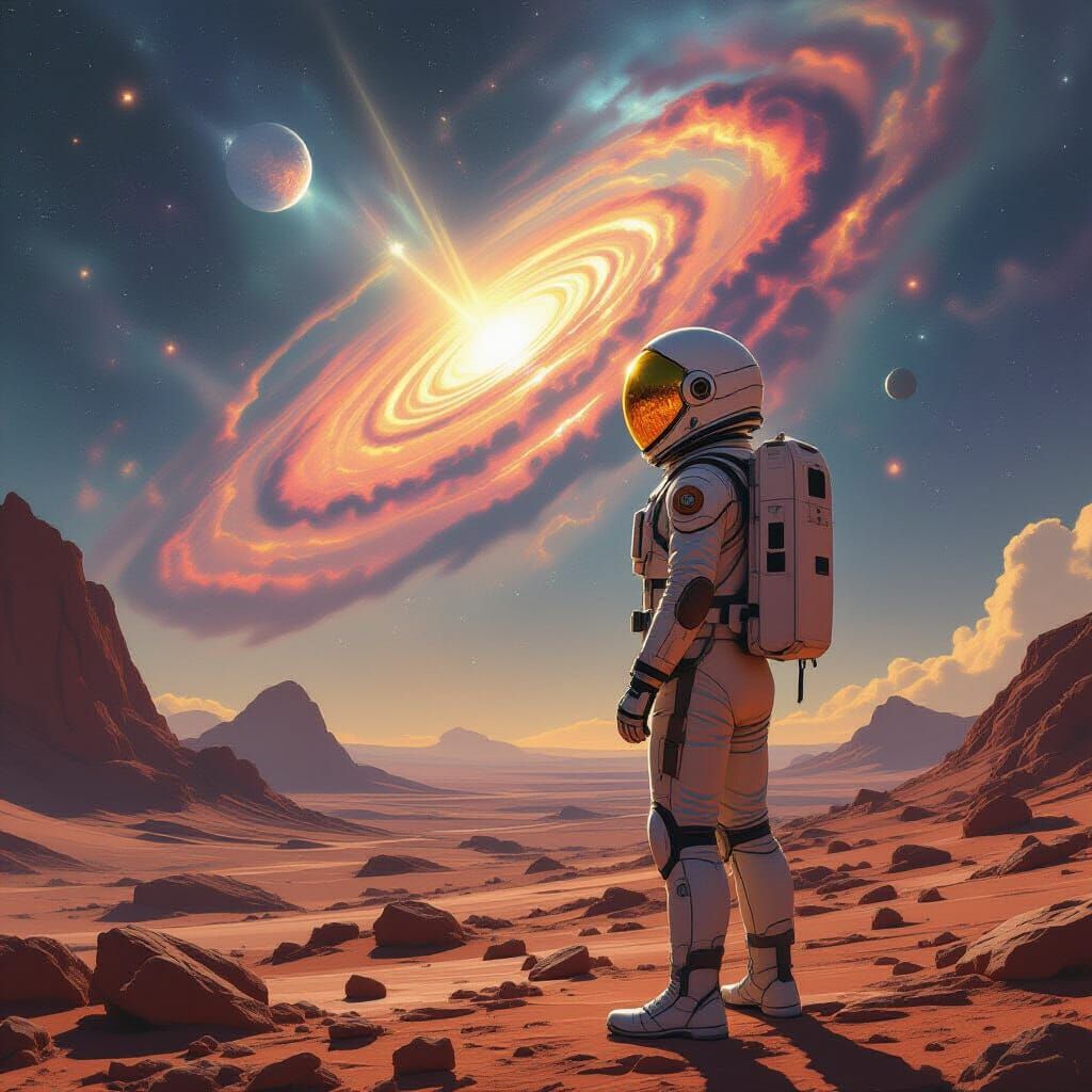 Astronaut Gazes at Nebula on Alien Planet