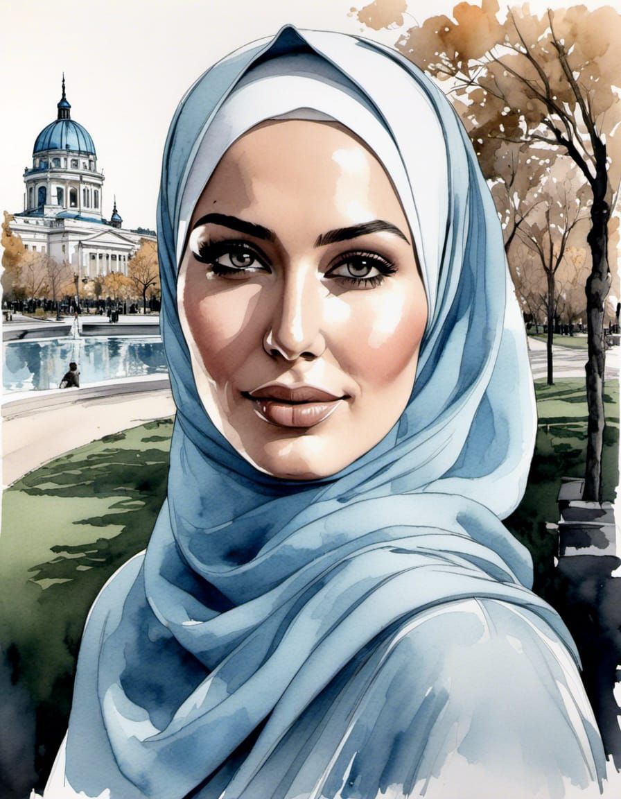 Watercolor Portrait of a Woman in Hijab
