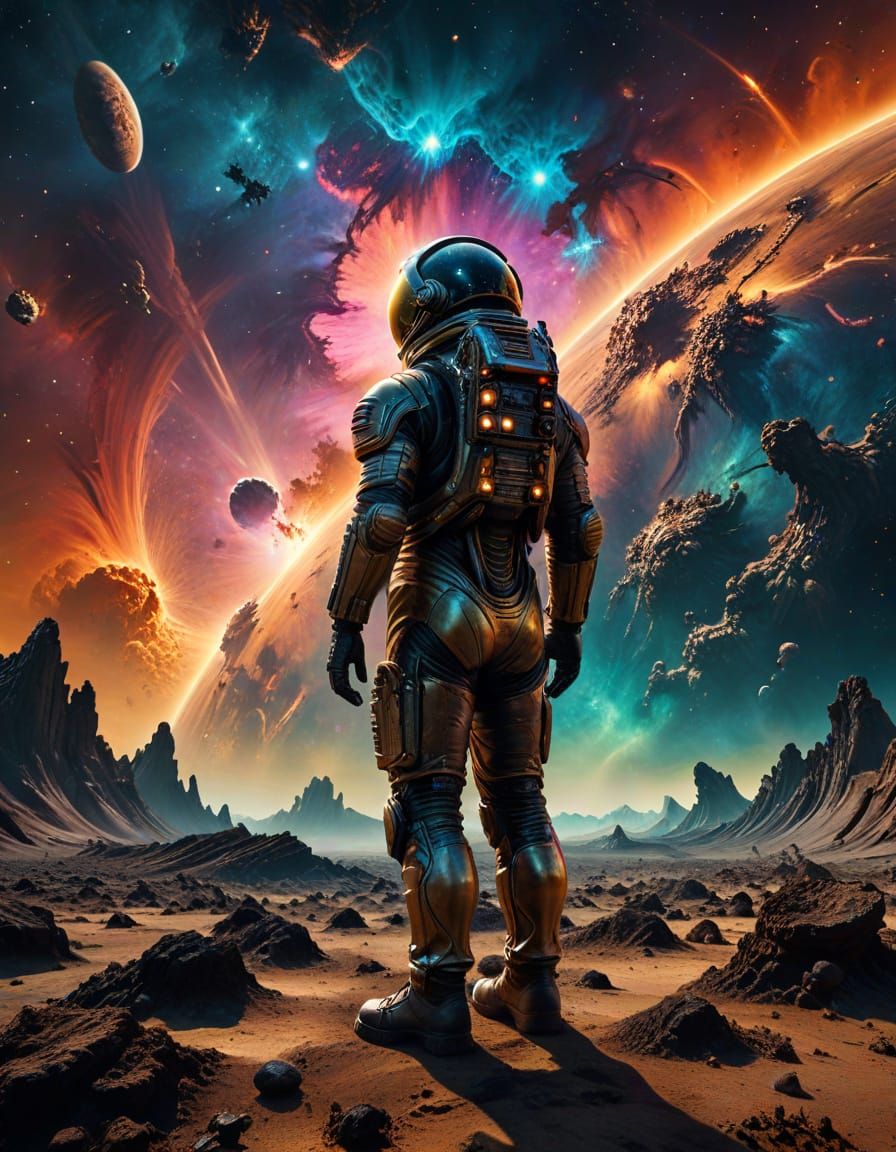 Astronaut Gazing at Nebula in Surreal Style