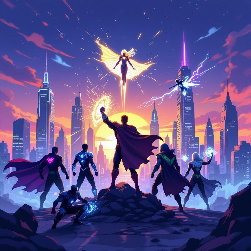 10 Unique Superheroes Over Futuristic City at Sunset