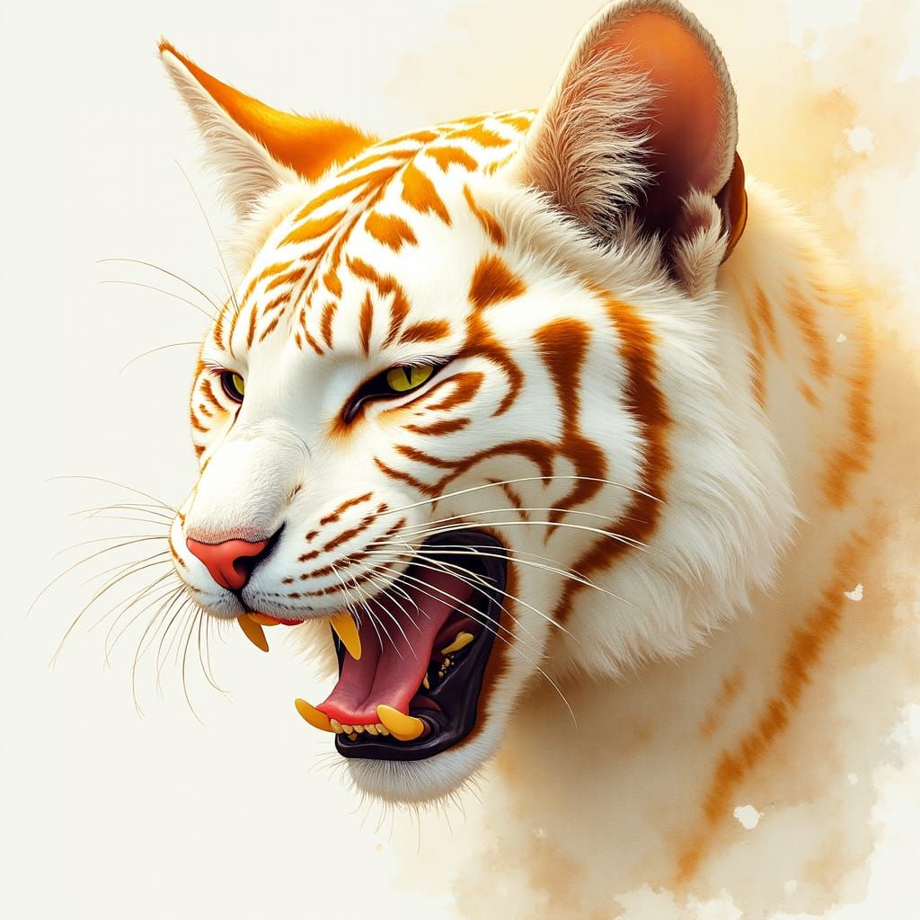 Watercolor Portrait of a White Tiger with Gold Stripes
