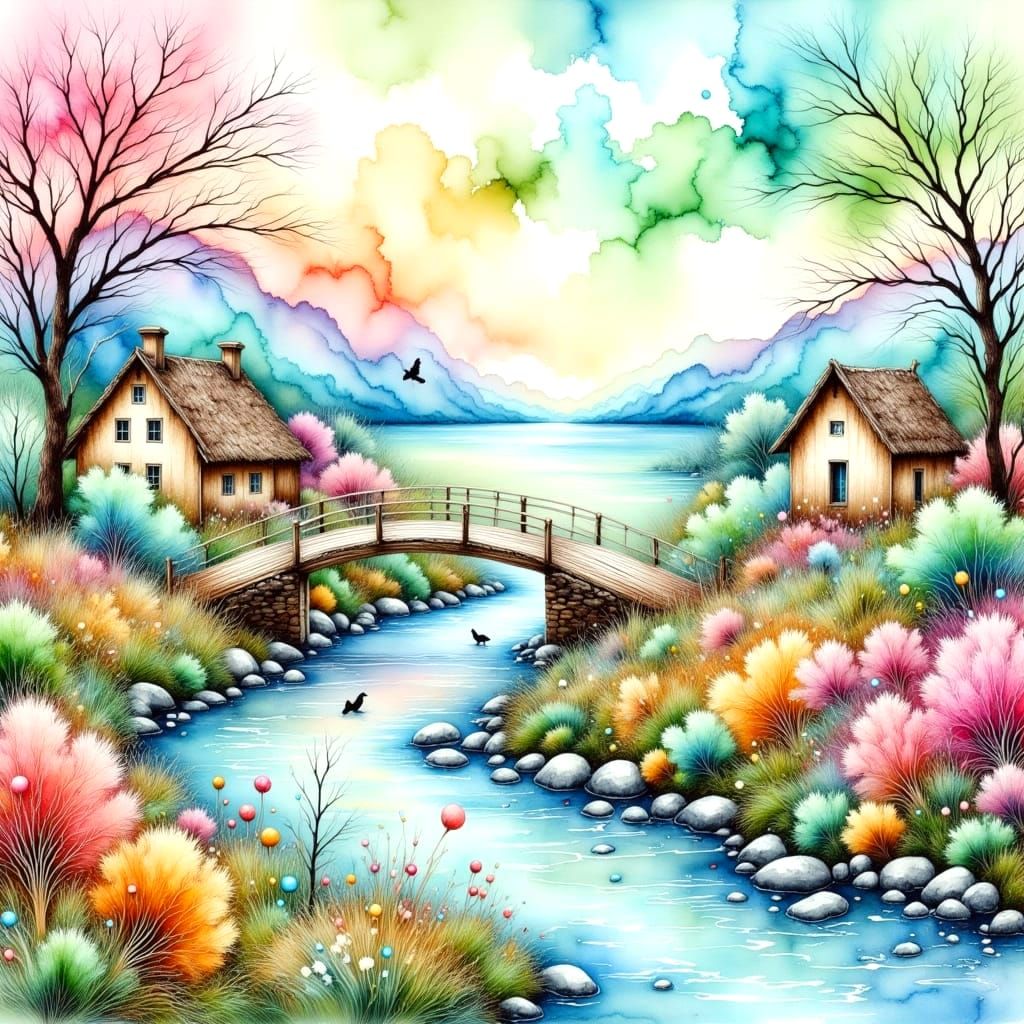 Whimsical Scandinavian Watercolor Landscape with Bridge and ...