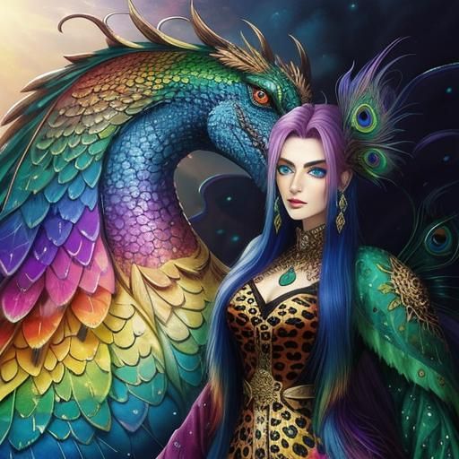 Ethereal Woman with Rainbow Dragon Scales in Fantasy Style