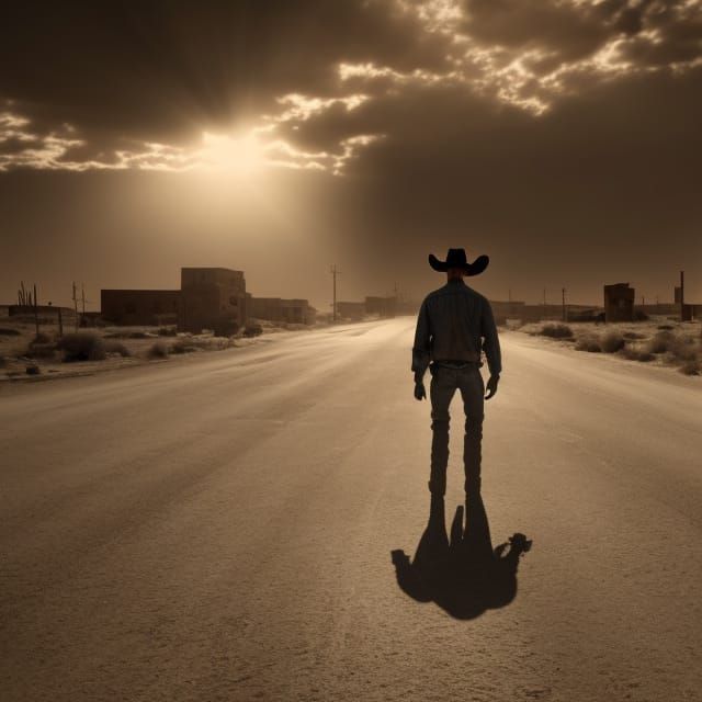 Cowboy in Abandoned Western Town with Shadow