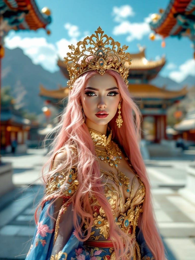 Regal Woman in East Asian Temple, Leibovitz Style