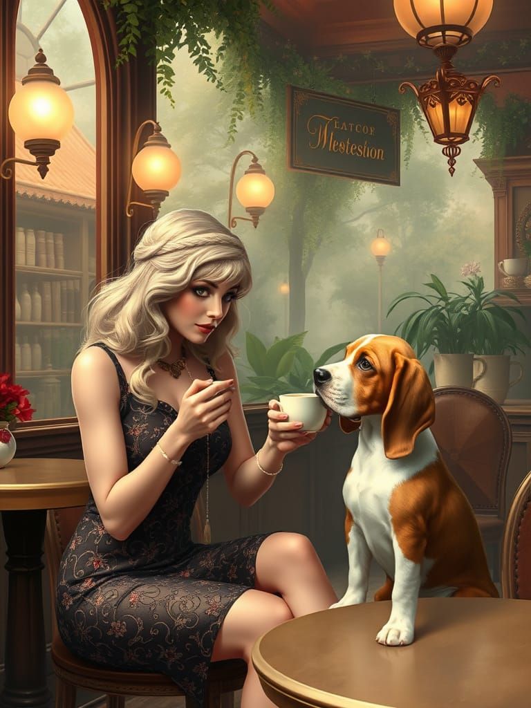 Gatsby Woman and Basset Hound Puppy in Cafe