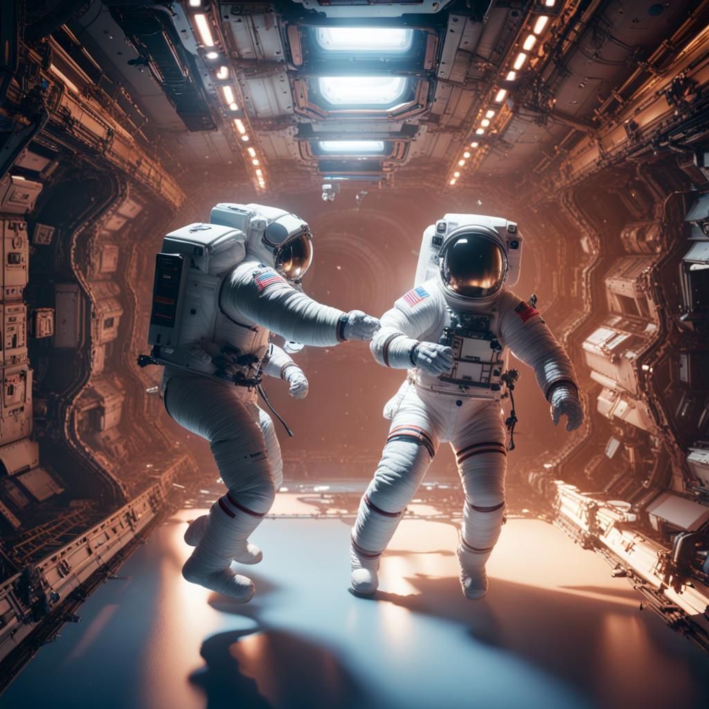 Astronauts Dancing in Space: Detailed Matte Painting