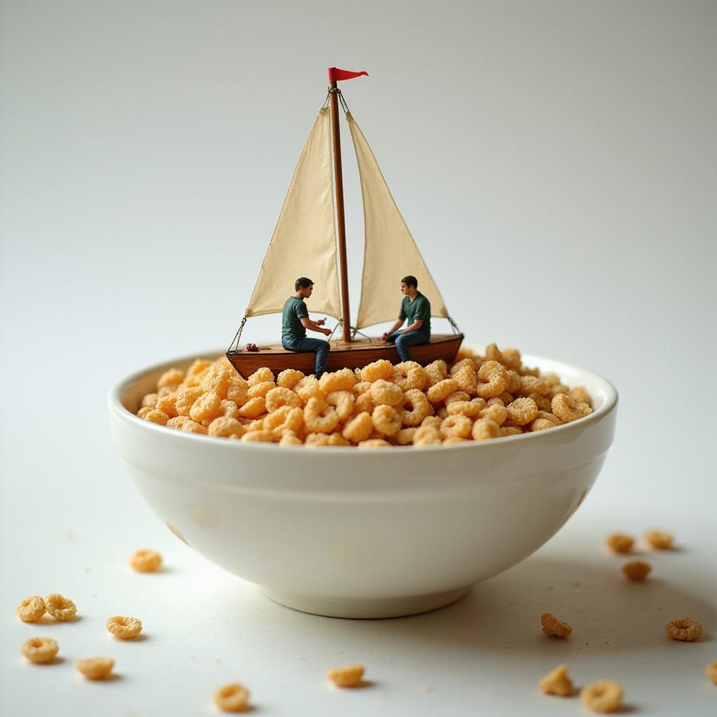 Miniature Sailors Navigate Giant Cereal Bowl