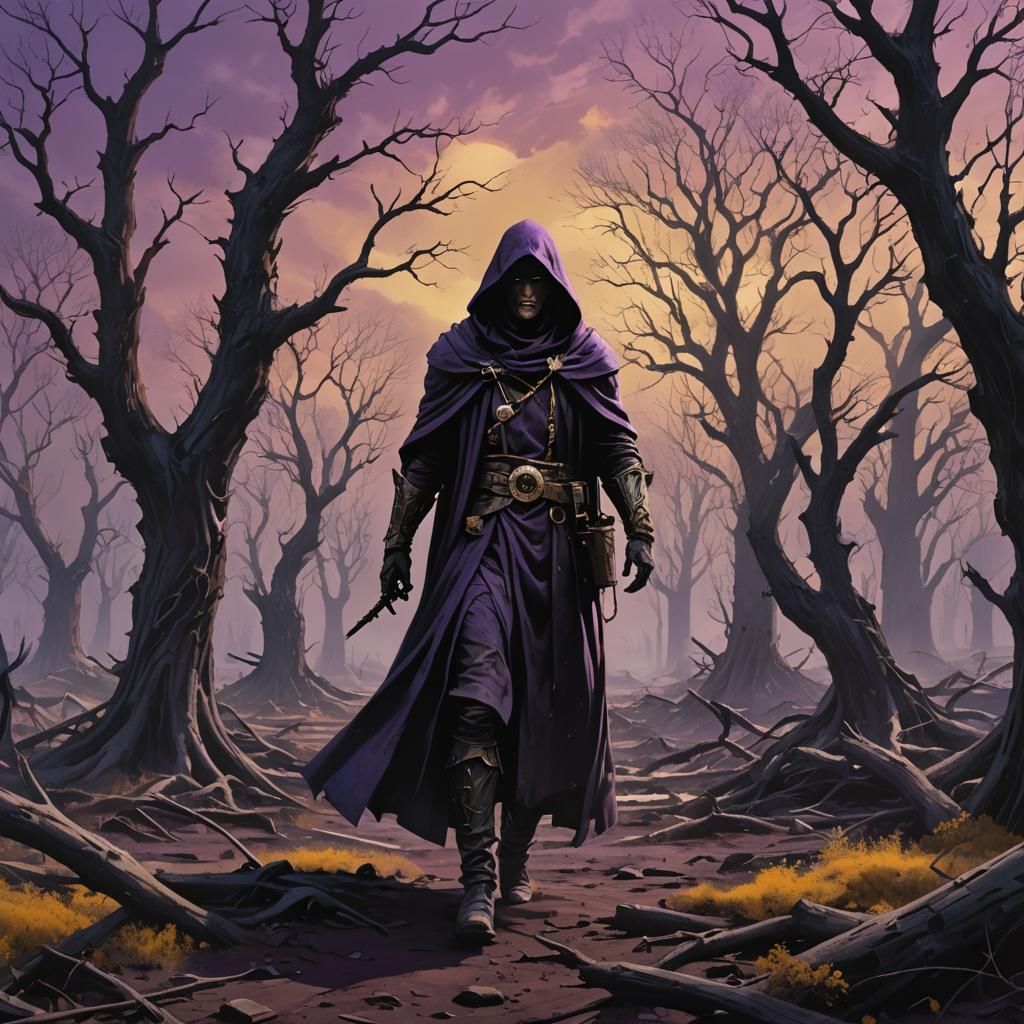 Ominous Clockwork Figure in Dark Fantasy Landscape