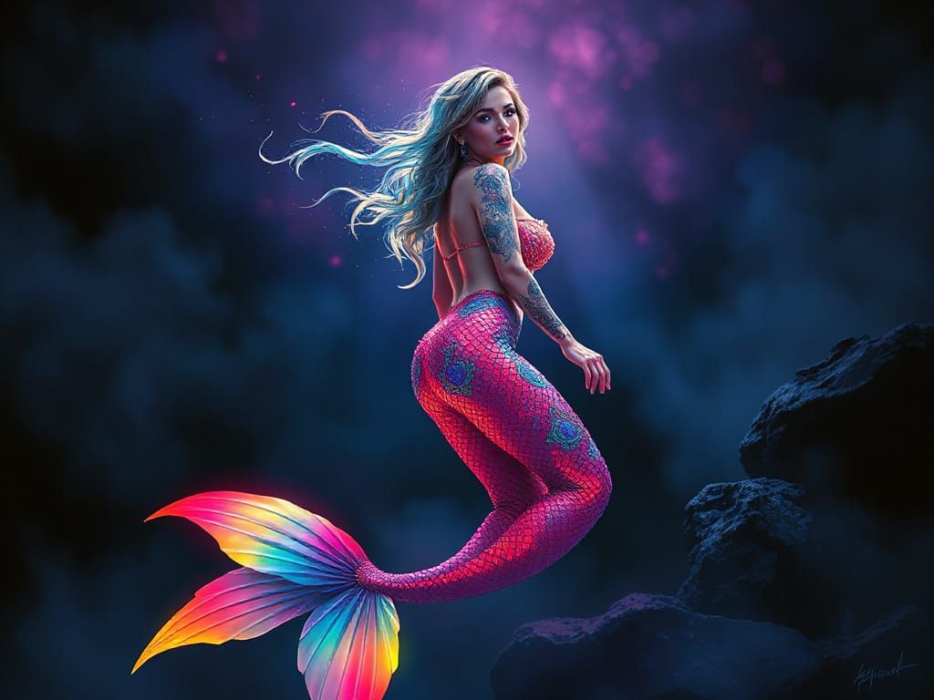 Neon Mermaid in Twilight, Scribble Art Style