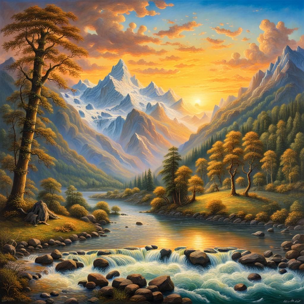 Swiss Mountain River at Sunset: Photorealistic Masterpiece