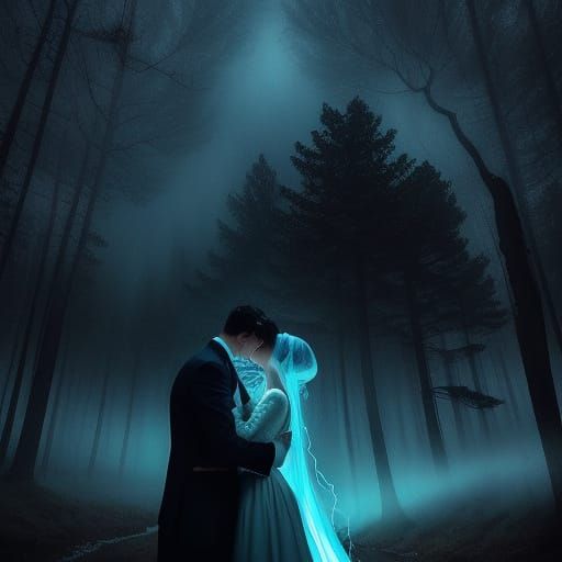 Ethereal Couple Embracing in Stormy Dark Forest