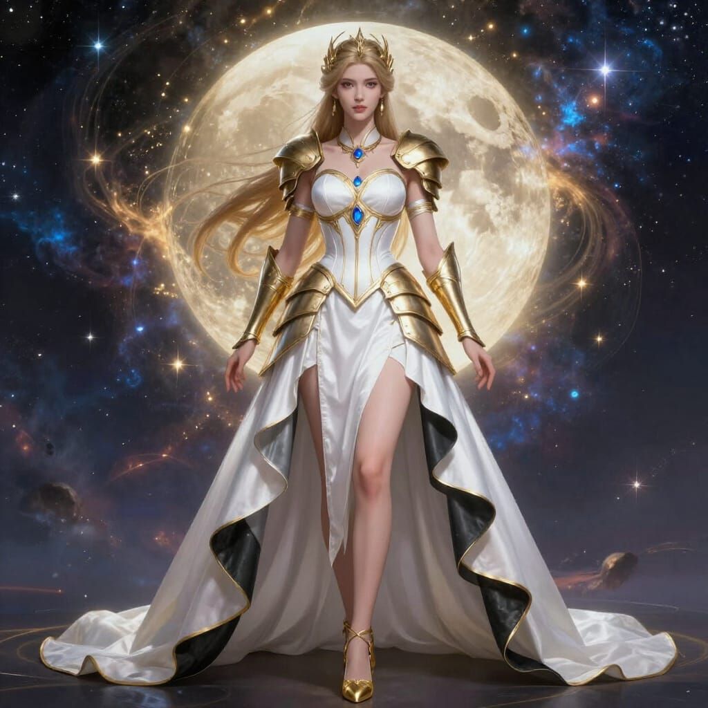 Celestial Warrior Goddess in White Dress and Golden Armor