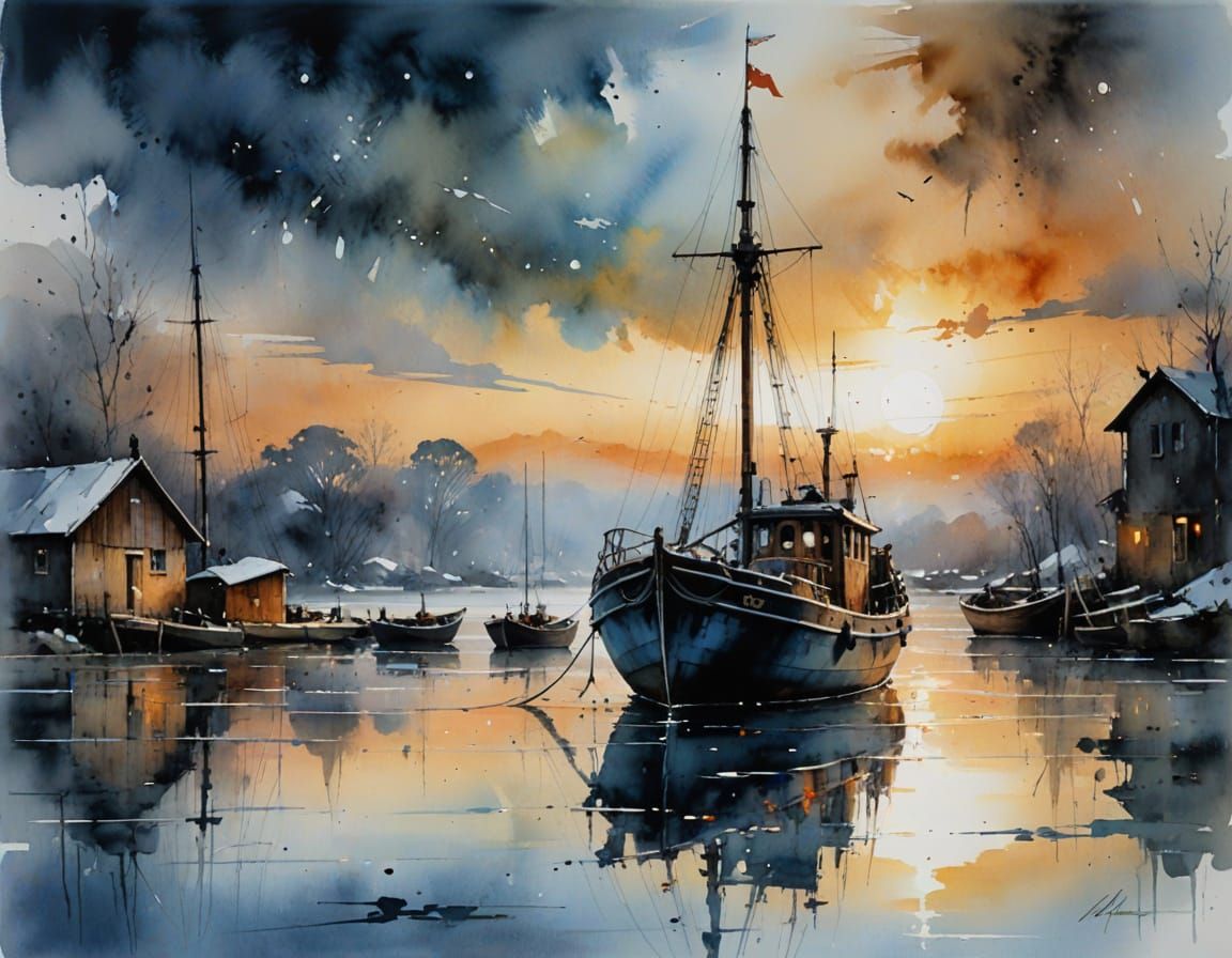 Old Boat at Dock at Sunset in Winter