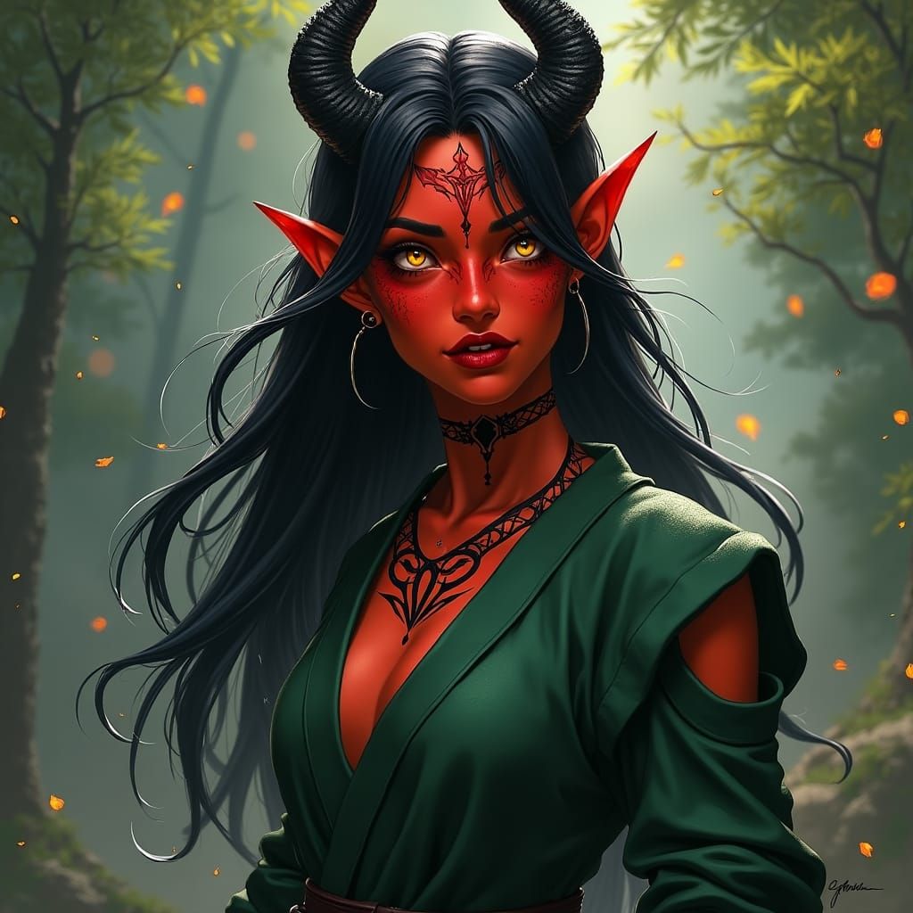 Tiefling Druid with Black Horns and Red Skin