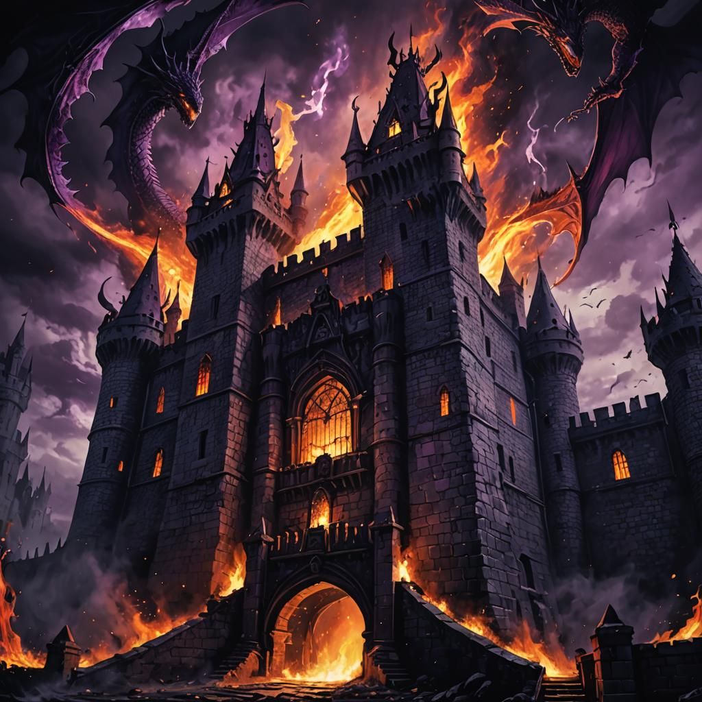 Dragons Breathing Fire in Dark Fantasy Castle