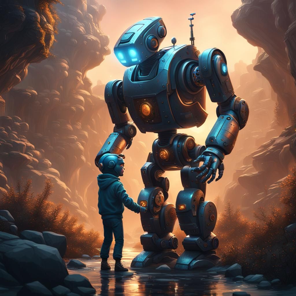 Friendly Robot Hugging Human: Detailed Matte Painting