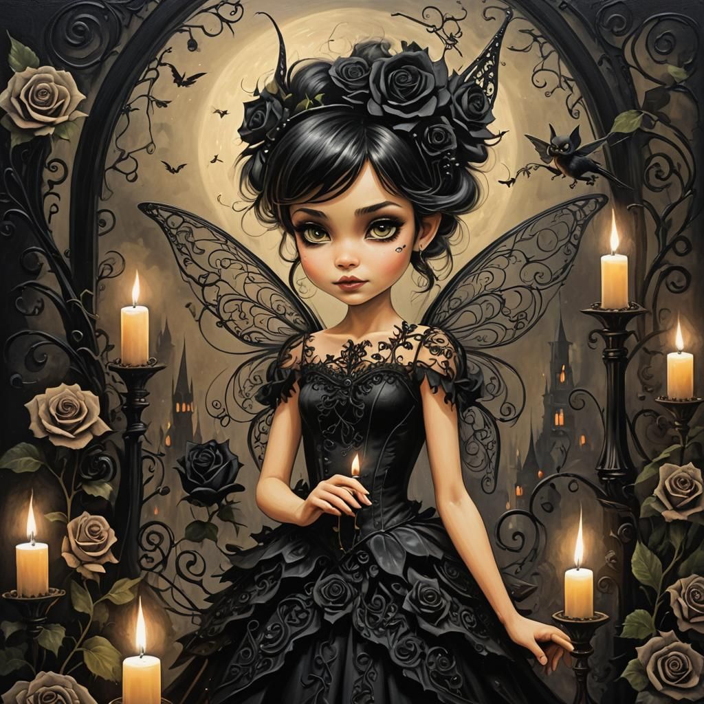 Gothic Tinkerbell with Black Roses and Candlelight