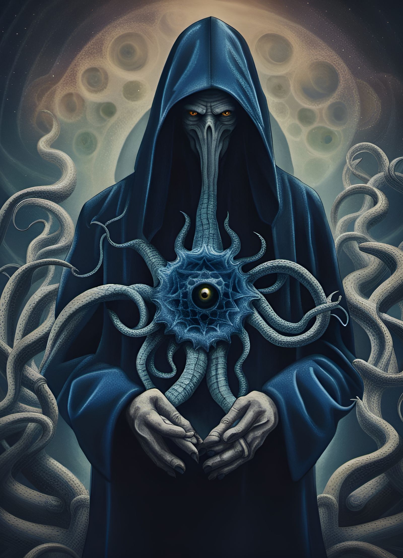 a Portrait of a faceless hell priest, with occult symbols,lo...