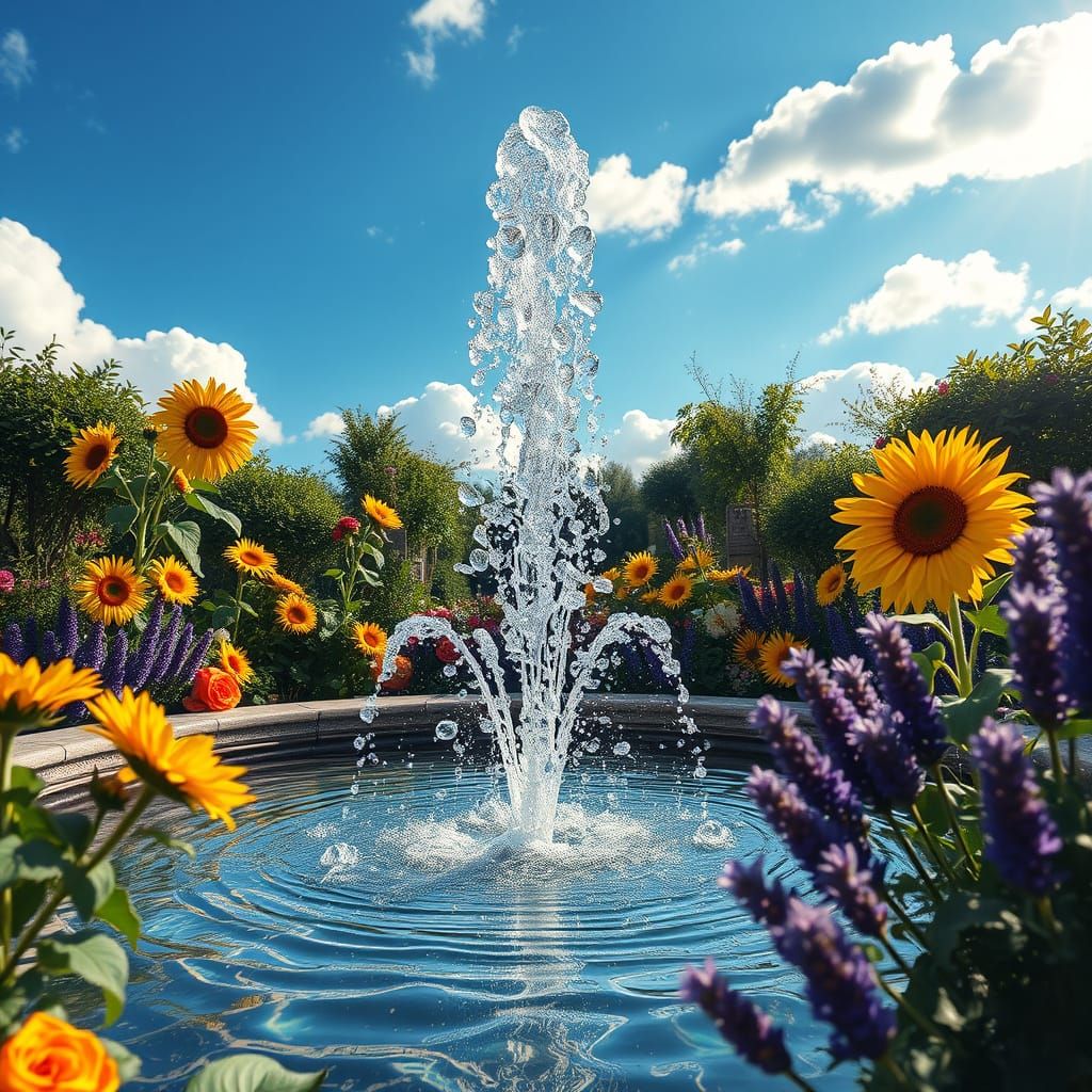 Dreamlike Fountain Display in Lush Garden Setting