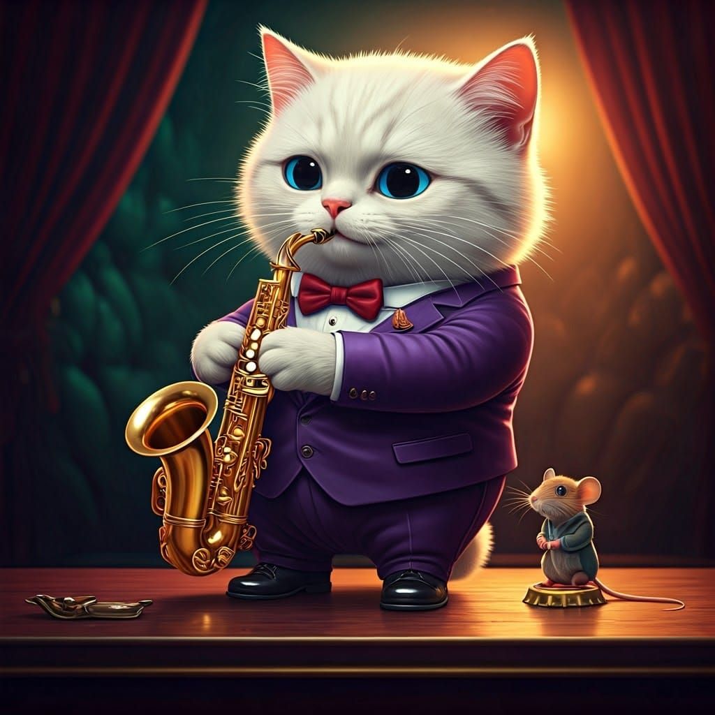 Cat Saxophonist in Jazz Club, Hyperrealistic 3D Anime