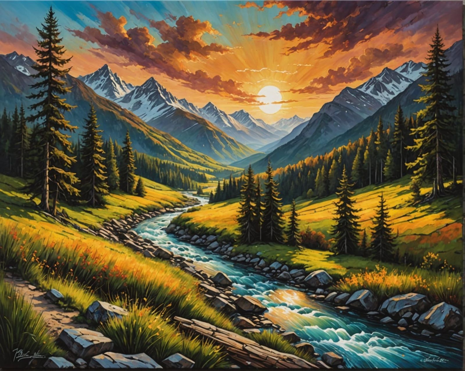 Rustic Acrylic Painting: Countryside Hills and Mountains