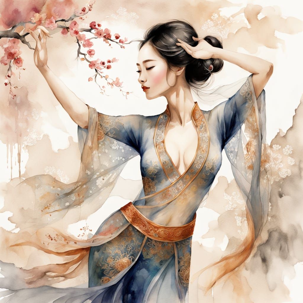 Elegant Chinese Woman in Lace Shirt, Chinese Watercolor