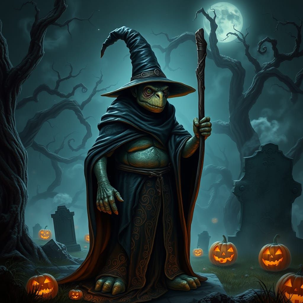 Mystical Turtle Wizard in Halloween Graveyard