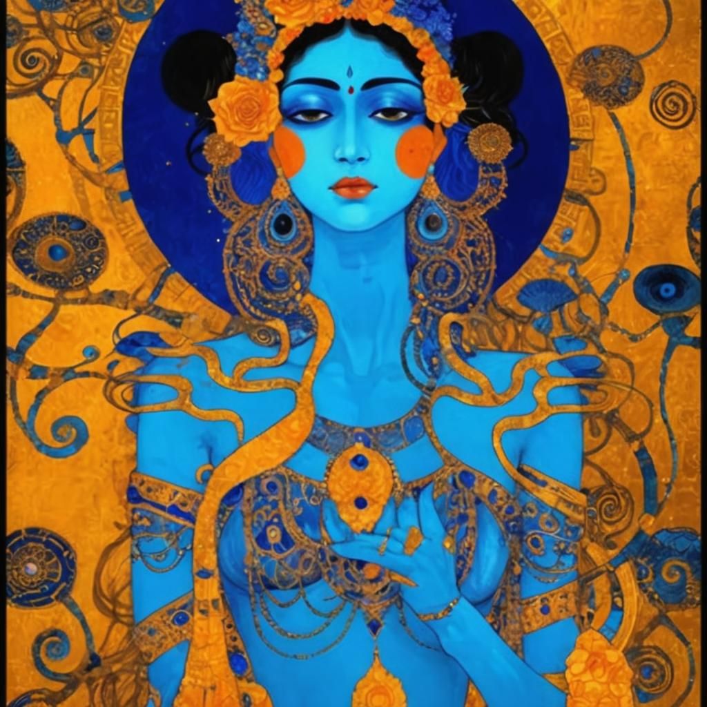 Blue Hindu Goddess in Gustav Klimt Style