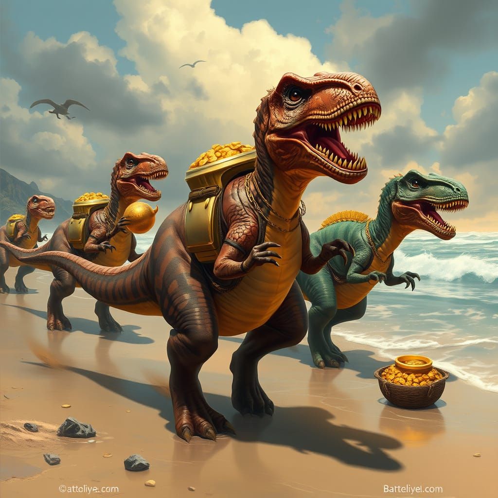 Dinosaurs on the Beach with Pots of Gold