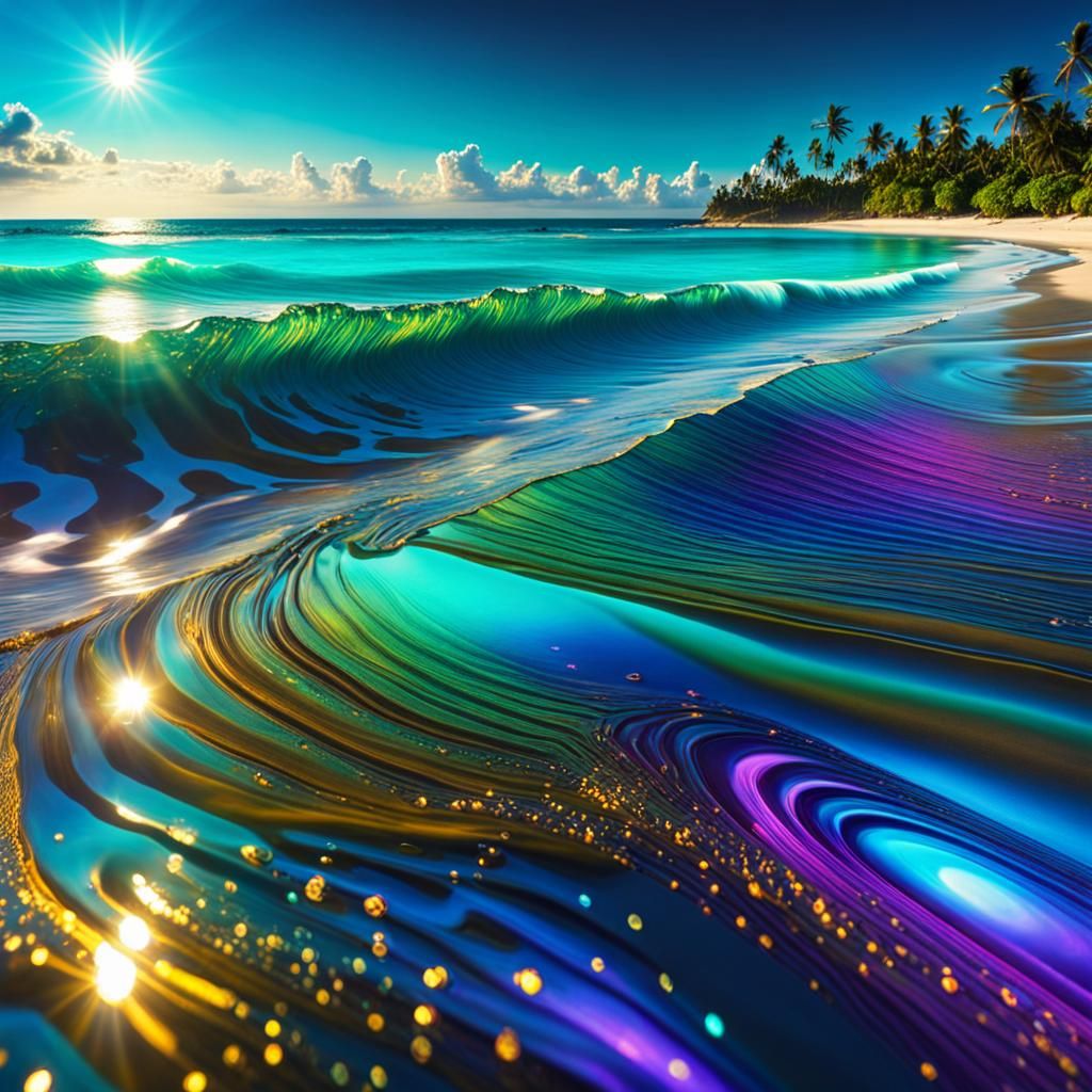 Psychedelic Tropical Beach with Iridescent Waves