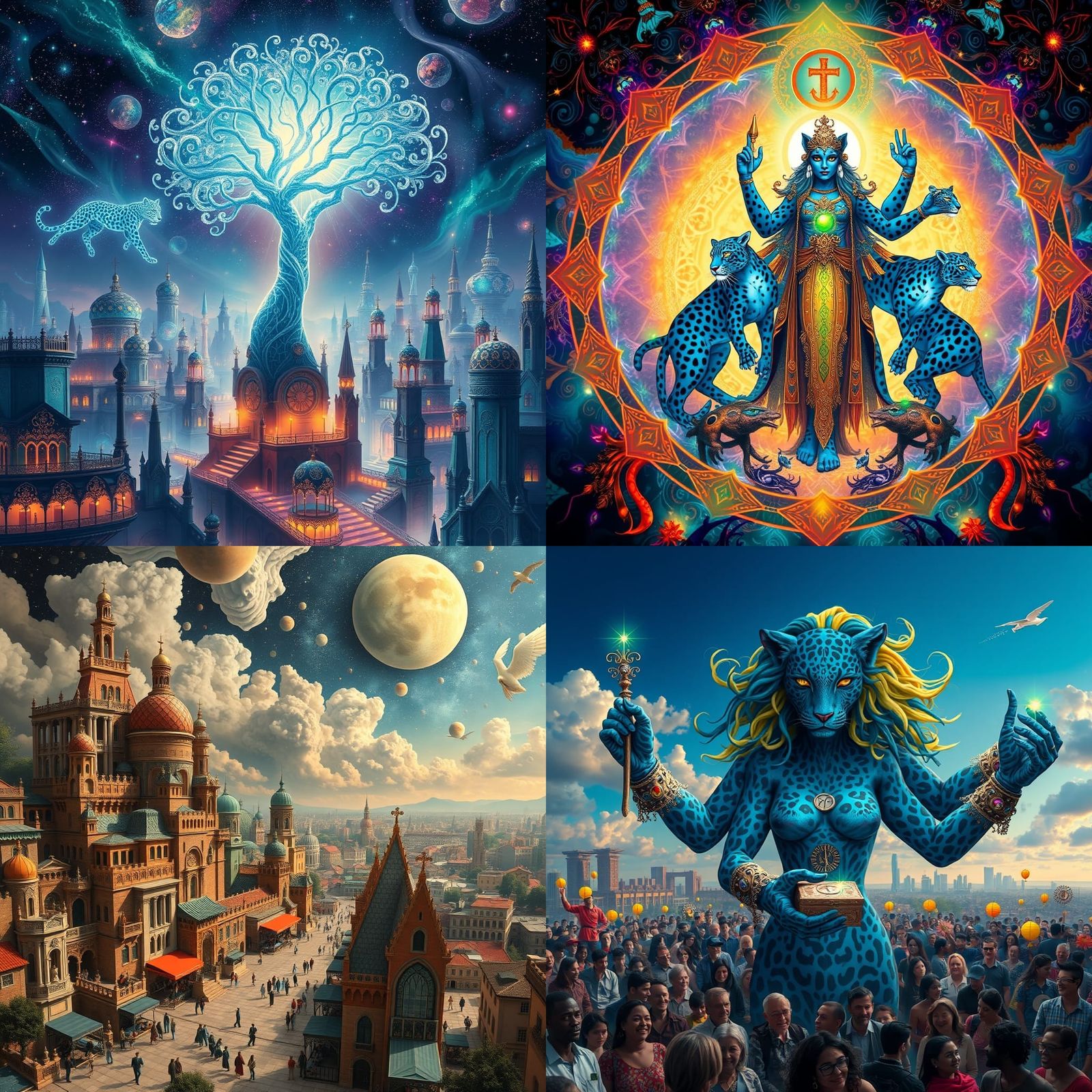 Surreal Cityscape with Leopard Gods in Dreamlike Style