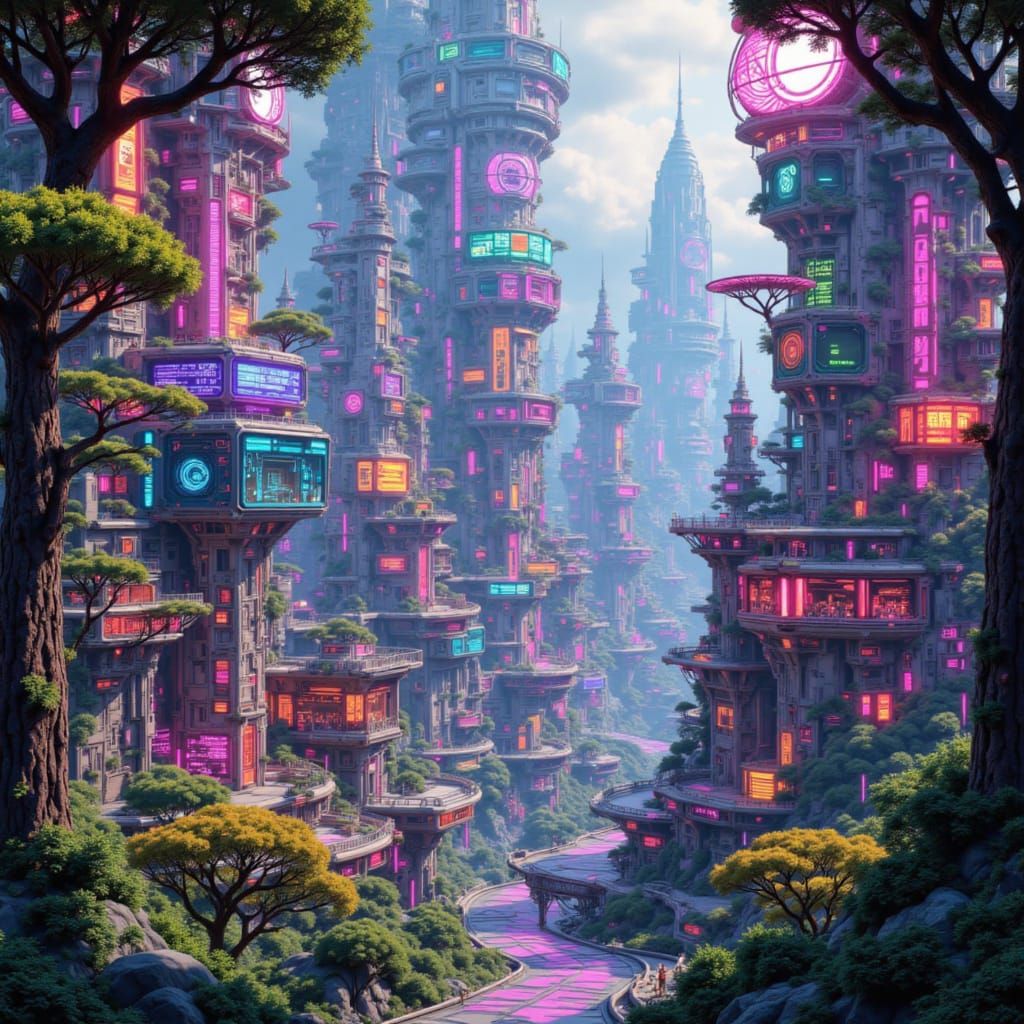 Vibrant Teslapunk Arcology Metropolis in Lush Forest