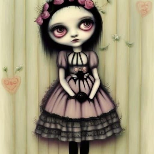 Goth Girl with Kitten in Surrealist Style