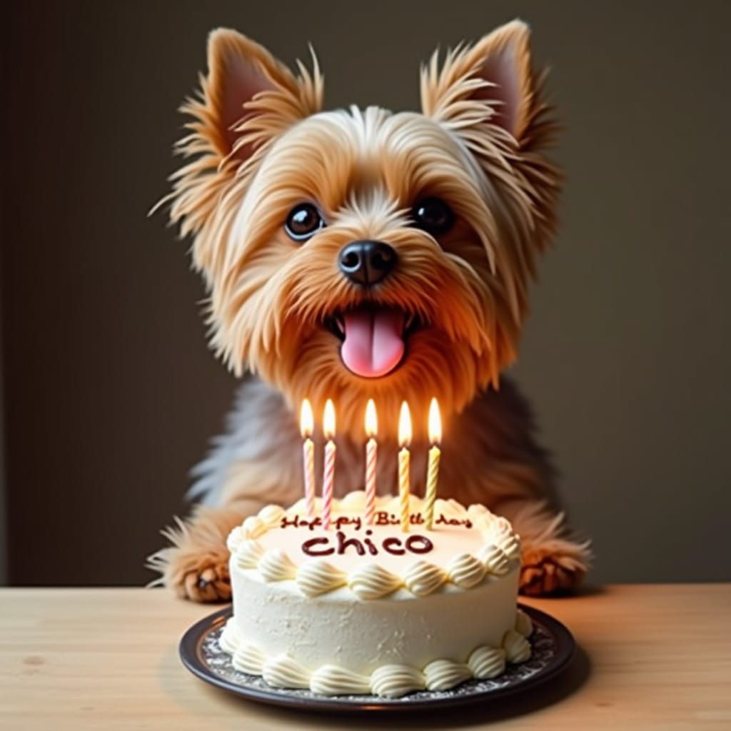 Yorkie Dog's Birthday Cake with Four Candles and Personalize...