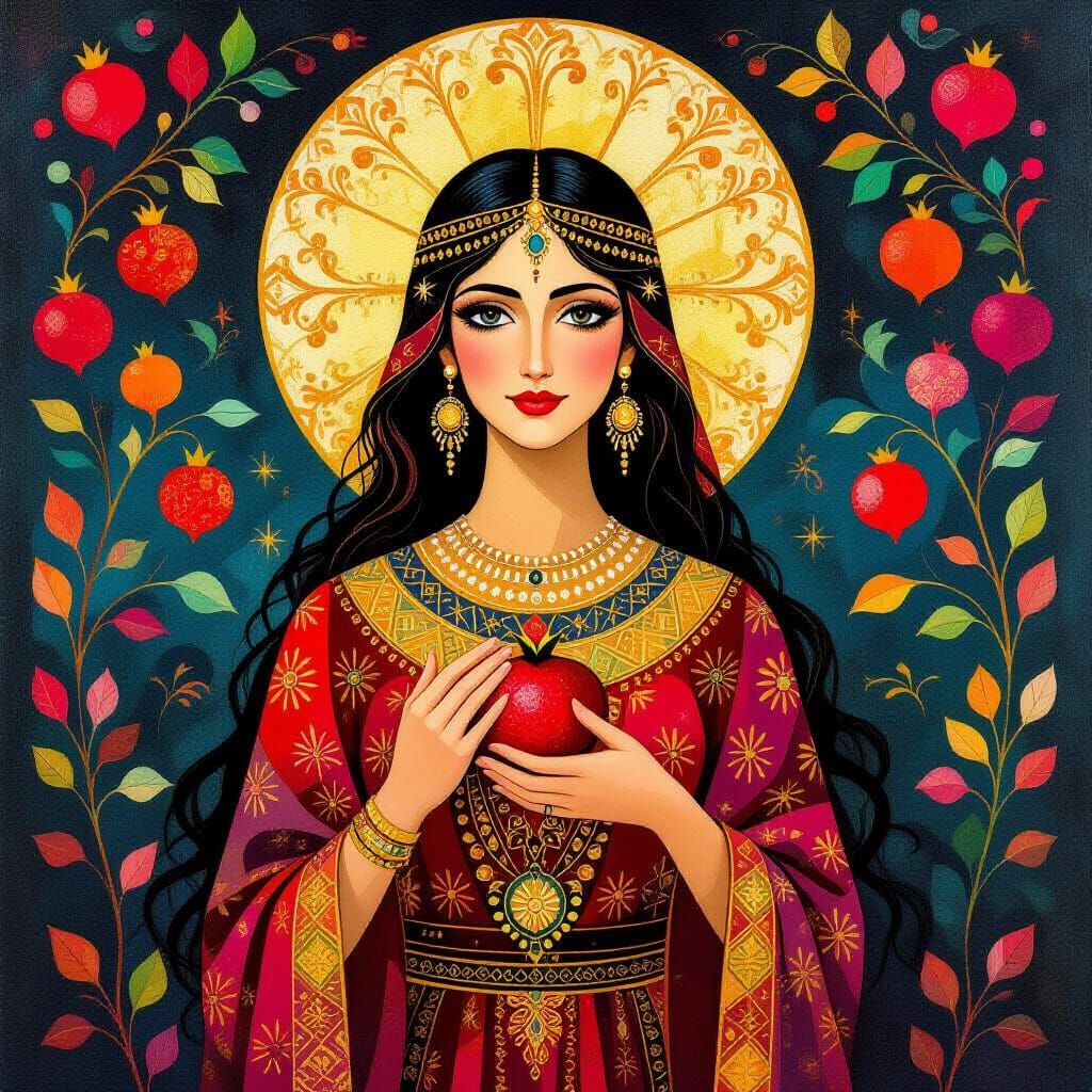 Palestinian Pomegranate Goddess in Abstract Expressionist St...