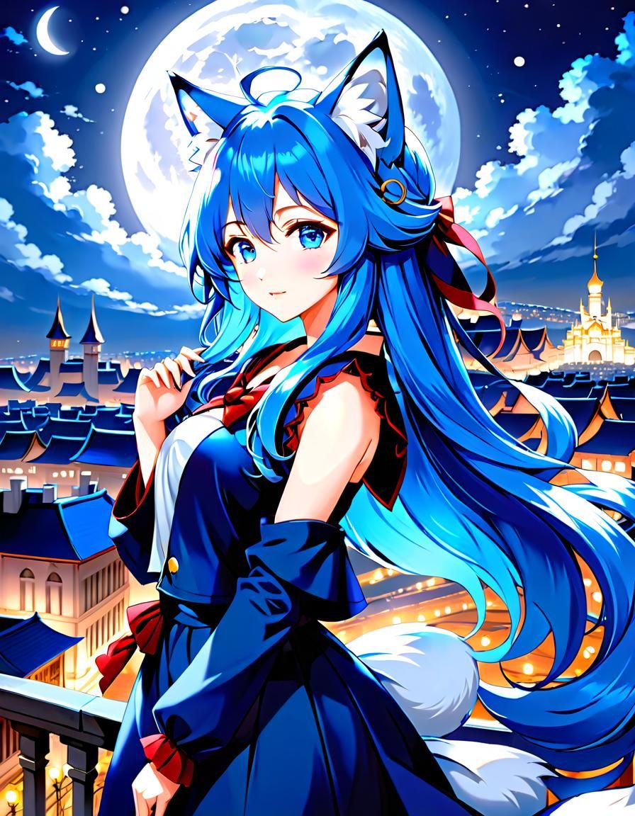 Anime Fox Girl with Blue Hair in Cel-Shaded Style