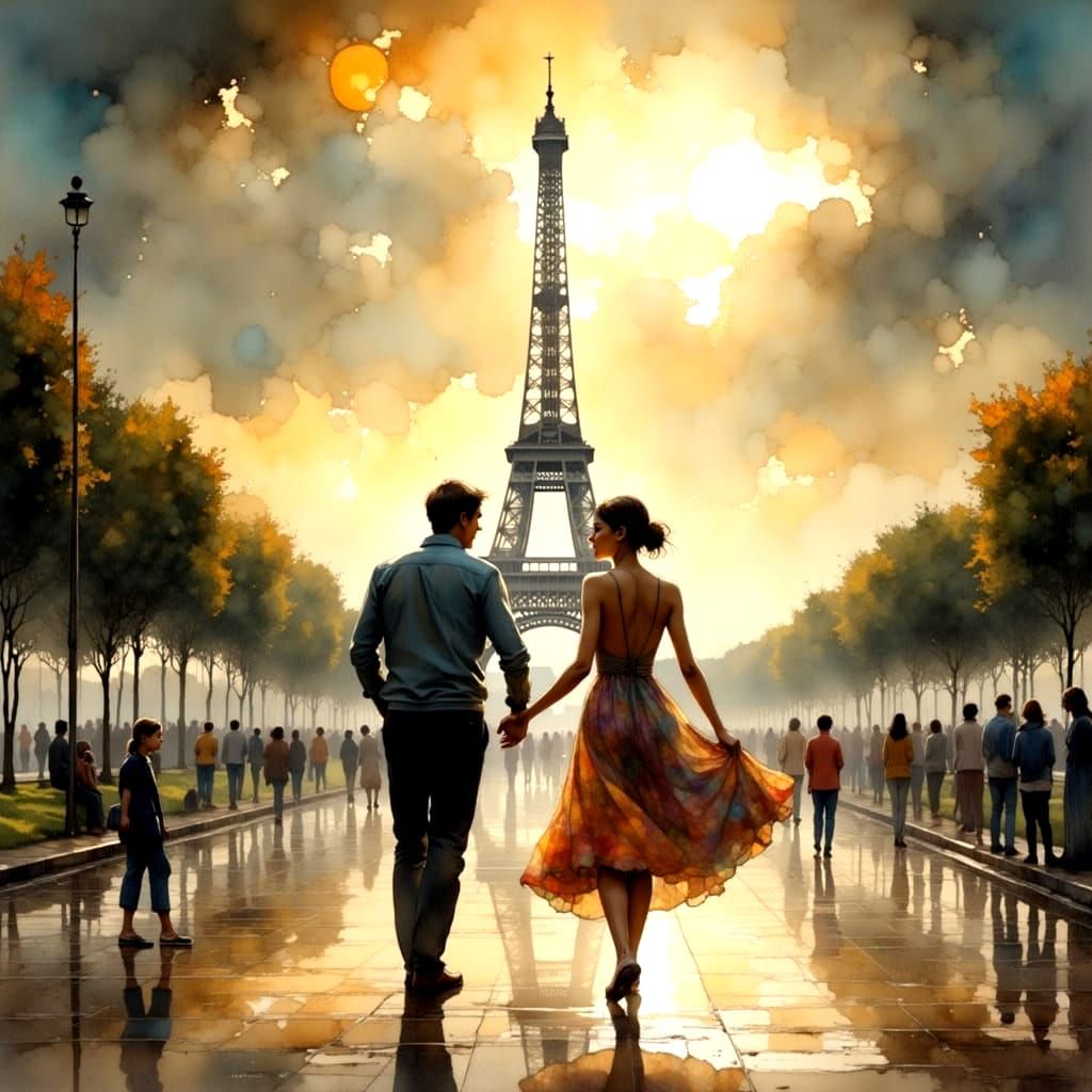 Couple Dancing in Rainy Paris, Painterly Style