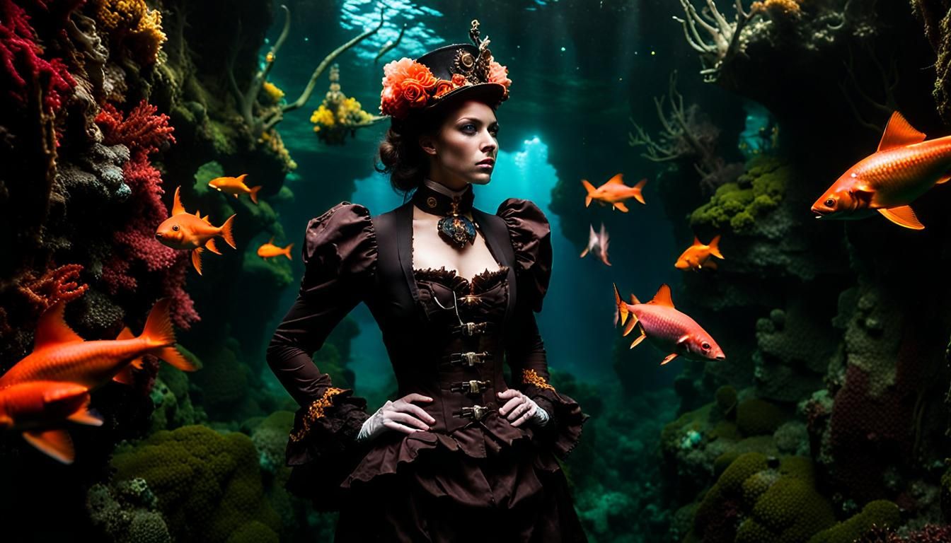 Steampunk Swimmer in Deep Ocean Fantasy