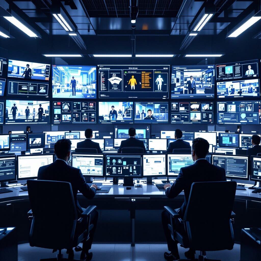 Futuristic Security Station with Vigilant Staff and CCTV Fee...